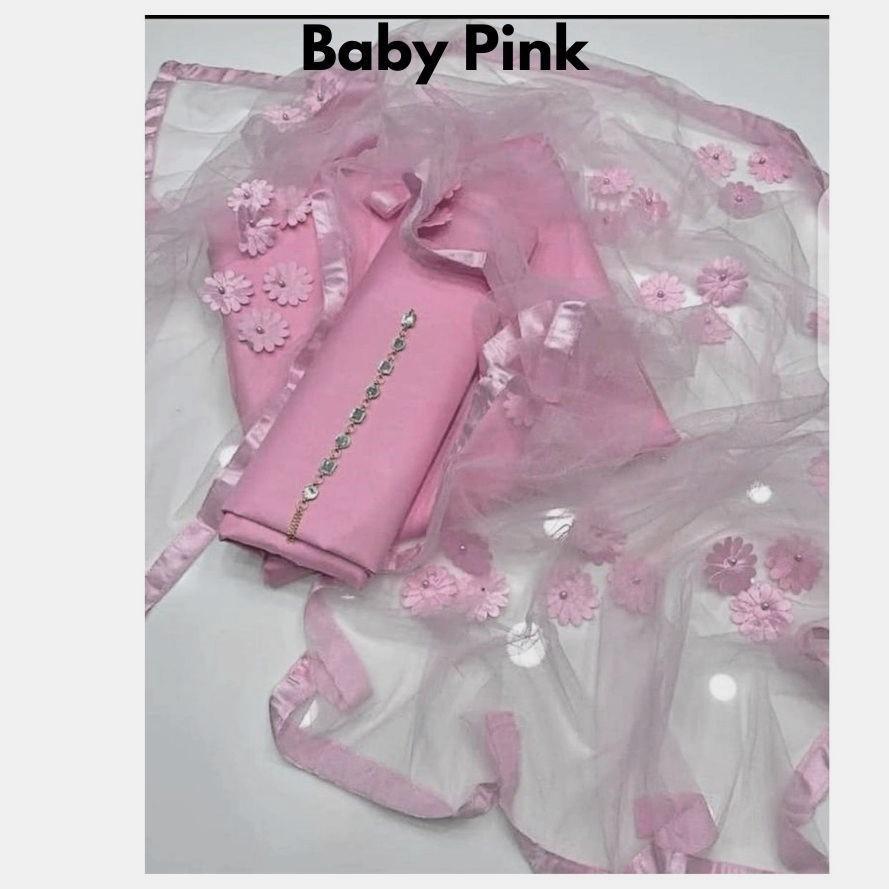 3 Pcs Women's Unstitched Katan Silk Plain Suit - Image 3