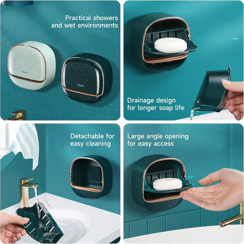 Dark Green | Self-Adhesive Wall-Mounted Luxury Soap Holder with Lid and Drainage Tray - Image 4
