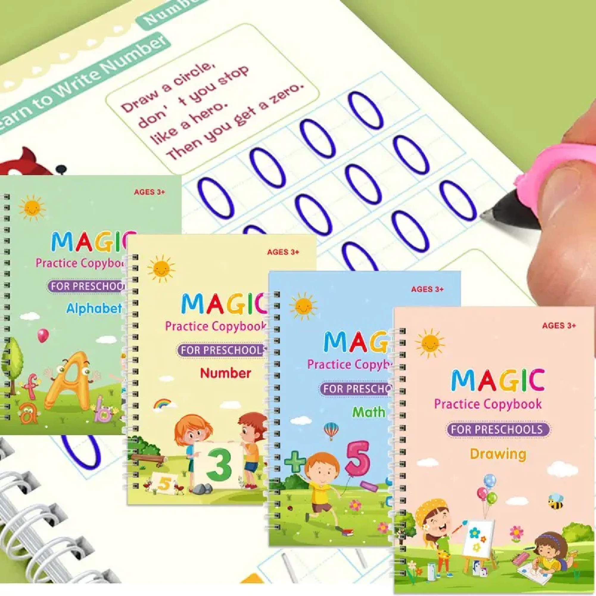 4 in 1 Sank Magic Book | Reusable Magic Practice Copy Book | 4 books + 1 Pen + 10 Refills +1 Grip - Image 3