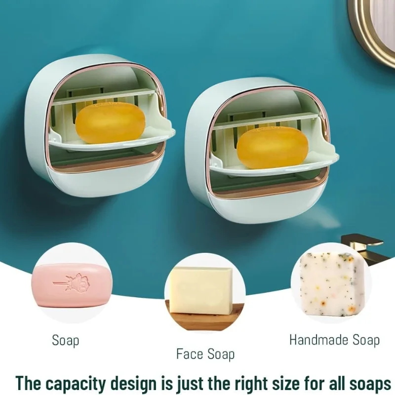 Light Green | Self-Adhesive Wall-Mounted Luxury Soap Holder with Lid and Drainage Tray - Image 4