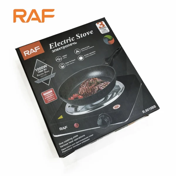 Black RAF R.8010B Electric Stove Hot Plate and Cooker with 1000W Power, Thermostat, and Uniform Heating