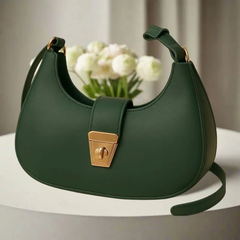 Crescent Leather Luxury Shoulder Bag for Women | Deep Green - Image 4