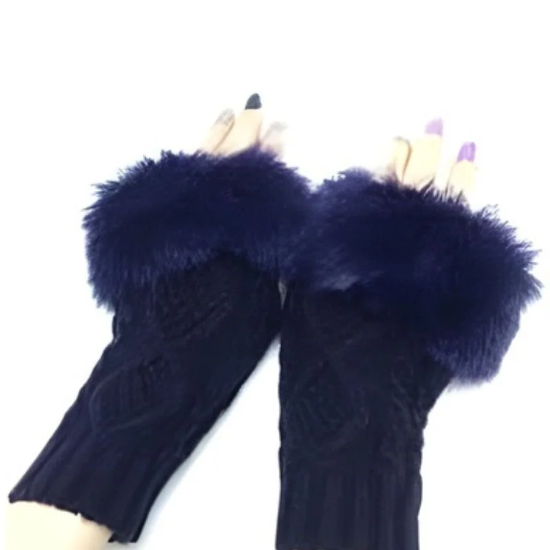 Women’s Faux Fur Fingerless Knitted Gloves | Warm Winter Hand Wrist Warmers | Soft, Stylish & Comfortable | Blue - Image 3