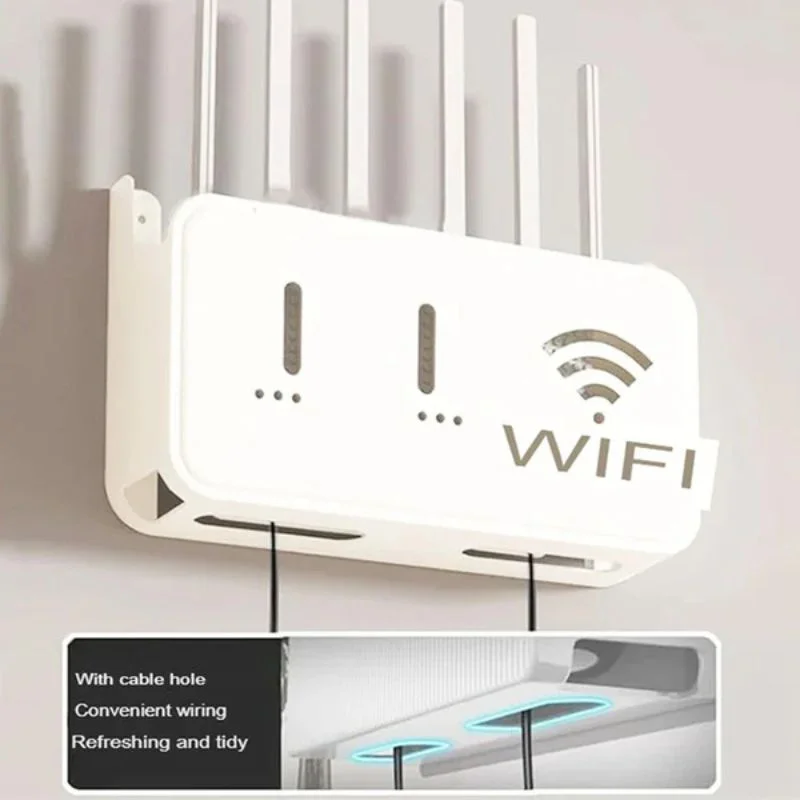 White WiFi Router Storage Box & Wall Mount Shelf Universal Cable Organizer | Space-Saving Holder for Modem, Set-Top Box & Smart Devices | Home & Office Use
