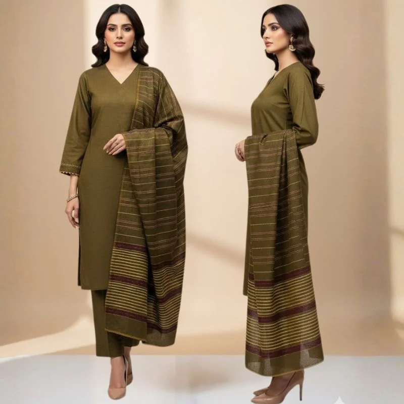Winter Sussi Silk 3-Piece Suit for Women | Unstitched Plain Shirt & Trouser | Heavy Winter Sussi Shawl | Olive Green - Image 4