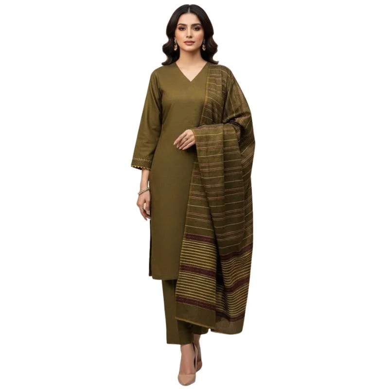 Winter Sussi Silk 3-Piece Suit for Women | Unstitched Plain Shirt & Trouser | Heavy Winter Sussi Shawl | Olive Green - Image 2