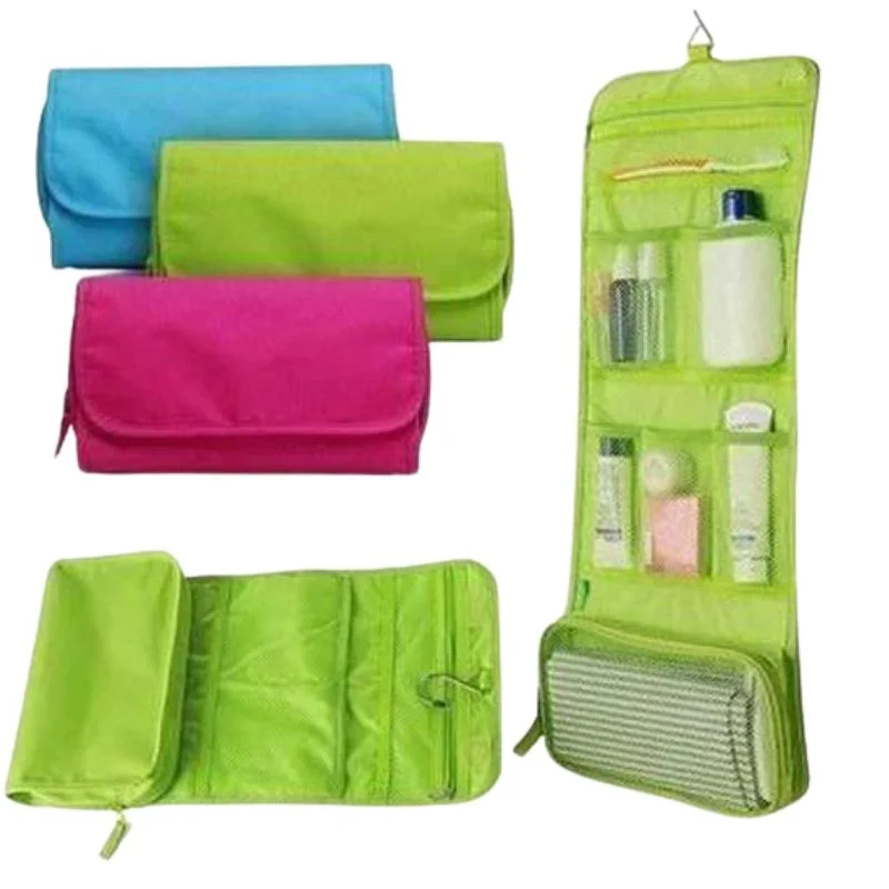 Travel Roll-Up Hanging Cosmetic & Toiletry Organizer Bag | Multi-Compartment Storage | Hook for Hanging | Random Colors