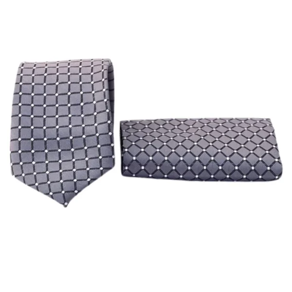 Grid Patterned Silver Tie & Pocket Square Set | Premium Men’s Formal Silver Tie | Classic Grid Design