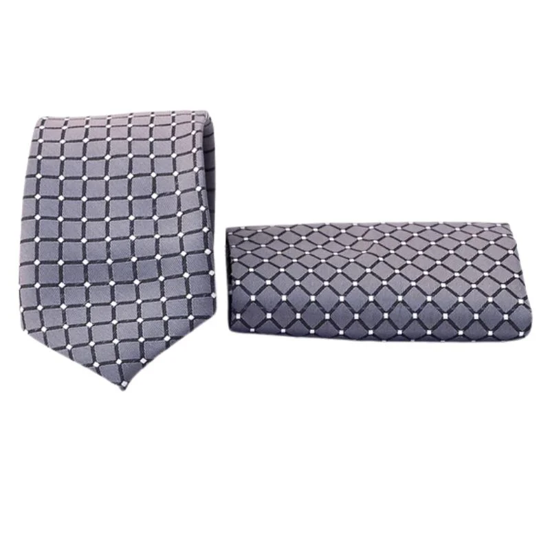 Grid Patterned Silver Tie & Pocket Square Set | Premium Men’s Formal Silver Tie | Classic Grid Design