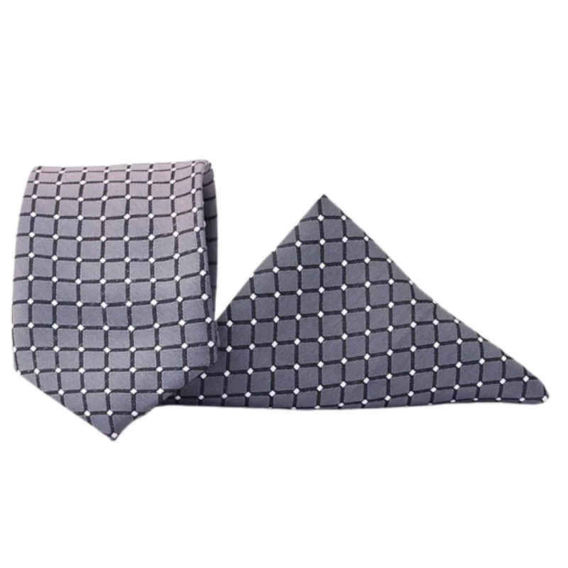 Grid Patterned Silver Tie & Pocket Square Set | Premium Men’s Formal Silver Tie | Classic Grid Design - Image 2