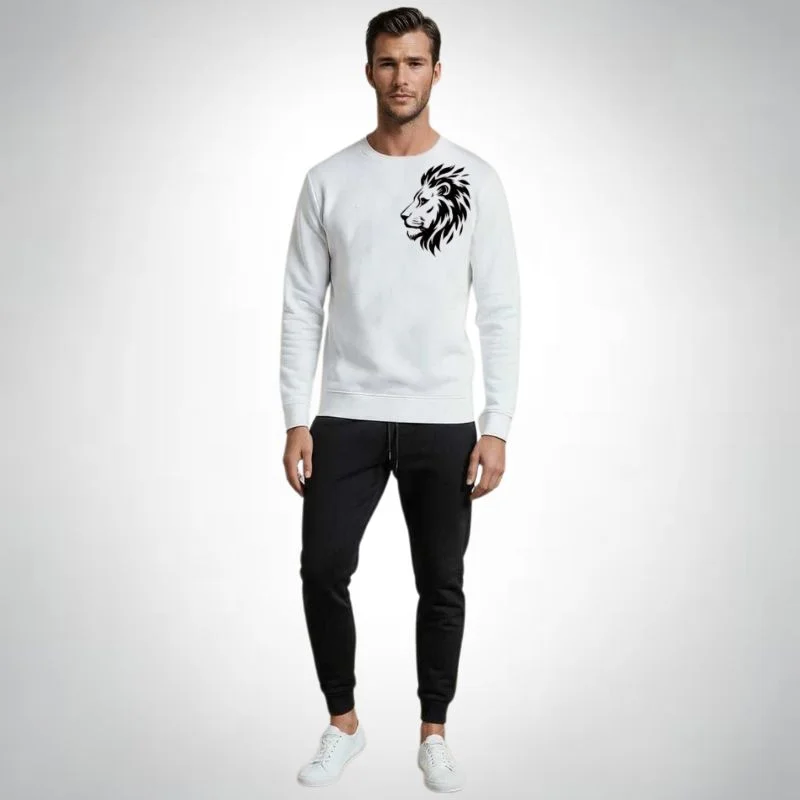 LION Printed White Tracksuit Sweatshirt & Trouser | Warm & Comfortable Winter Wear | Large - Image 3