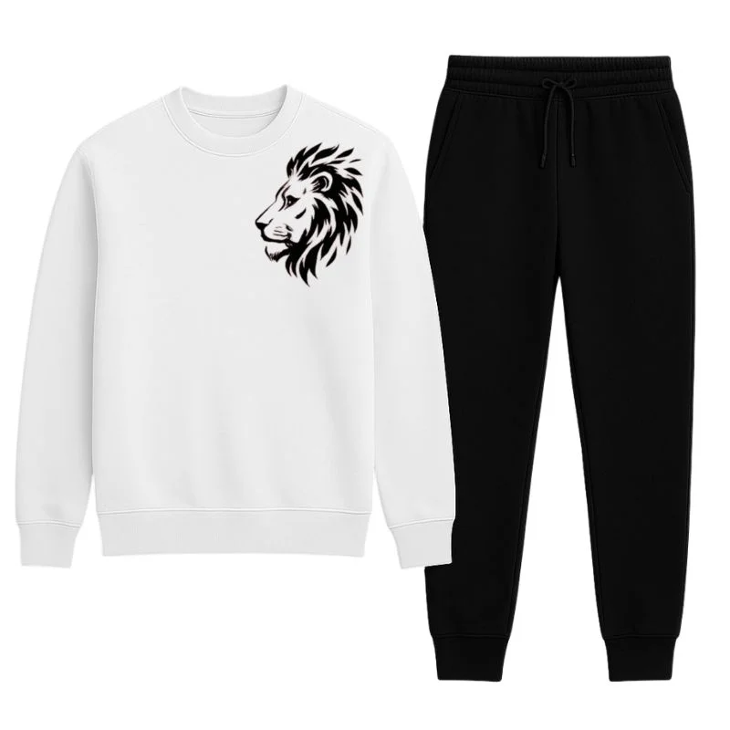 LION Printed White Tracksuit Sweatshirt & Trouser | Warm & Comfortable Winter Wear | Large