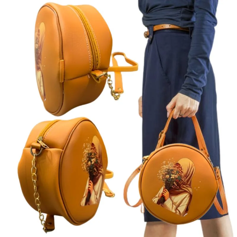 Round Retro Crossbody Handbag | Caramel Faux Leather with Artistic Print for Women - Image 6